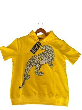 Men's Black Pharaoh XL T-Shirt Rhinestone Leopard Yellow Graphic Hooded